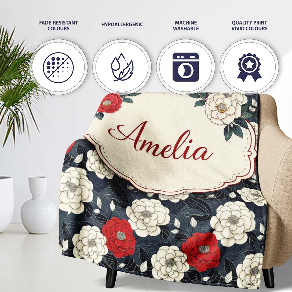 Bold Red and Ivory Camellia Floral Seamless Pattern Cute Unique Gift Personalised Custom Name Super Soft Fleece Blanket Bed Sofa Throw