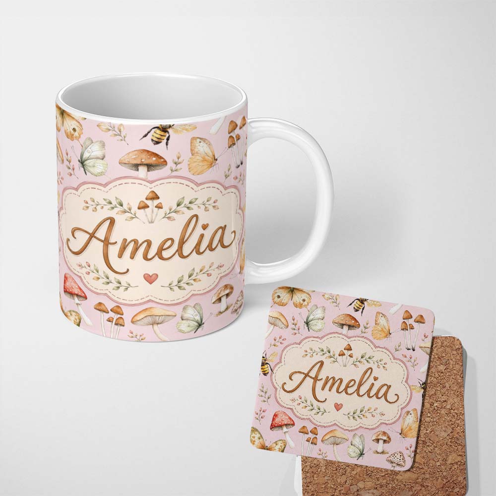 Personalized Custom Name Vintage Butterflies Bees Mushrooms Nature Seamless Pattern Blush 11oz Ceramic Coffee Tea Mug White Large Handle