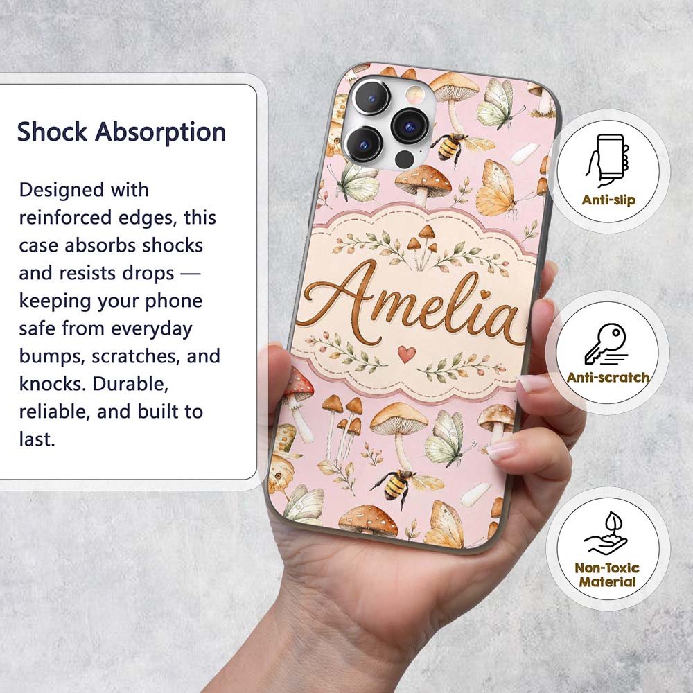 Vintage Butterflies Bees Mushrooms Printed Design Custom Name Protective Phone Case Mobile Cover Durable Everyday Smartphone Shock Resistant