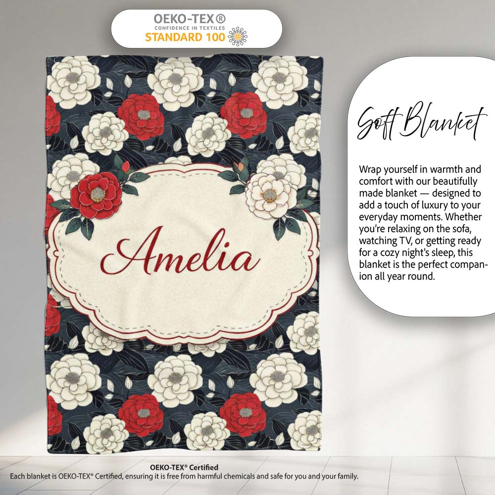 Bold Red and Ivory Camellia Floral Seamless Pattern Cute Unique Gift Personalised Custom Name Super Soft Fleece Blanket Bed Sofa Throw