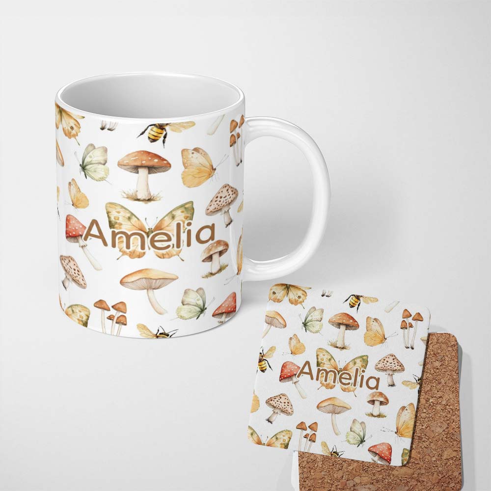 Personalized Custom Name Vintage Butterflies Bees Mushrooms Nature Seamless Pattern Light 11oz Ceramic Coffee Tea Mug White Large Handle