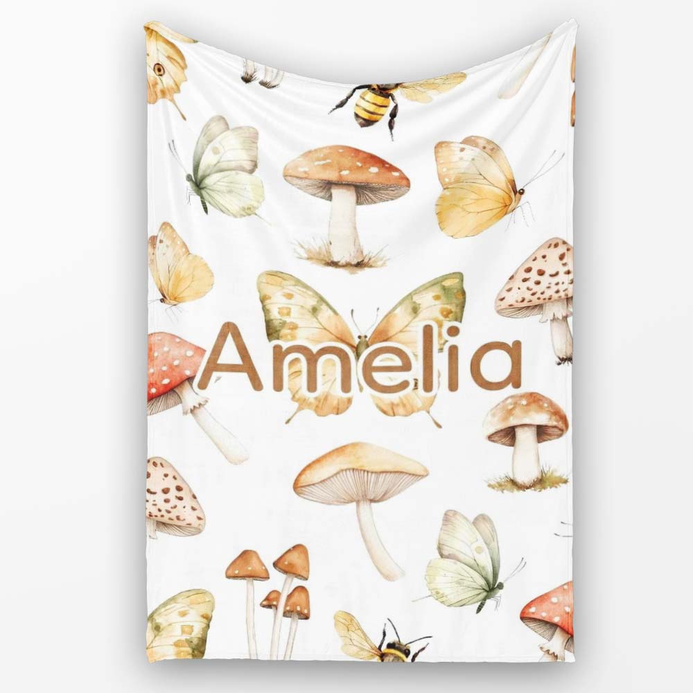 Vintage Butterflies Bees Mushrooms Nature Seamless Pattern Light Personalised Custom Name Super Soft Fleece Blanket Bed Sofa Throw