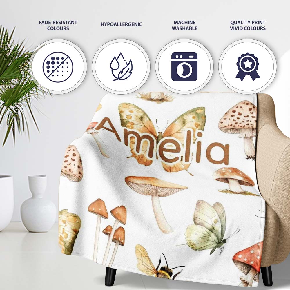 Vintage Butterflies Bees Mushrooms Nature Seamless Pattern Light Personalised Custom Name Super Soft Fleece Blanket Bed Sofa Throw