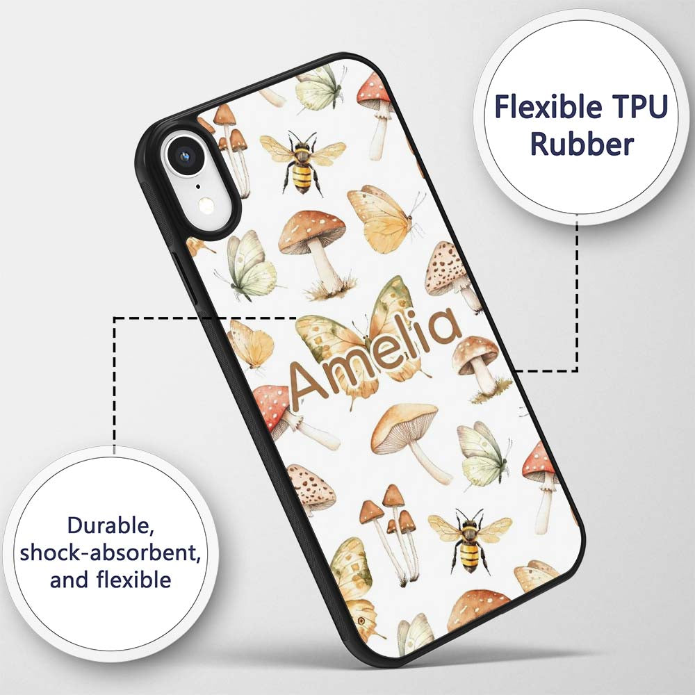 Vintage Butterflies Bees Mushrooms Printed Design Custom Name Protective Phone Case Mobile Cover Durable Everyday Smartphone Shock Resistant