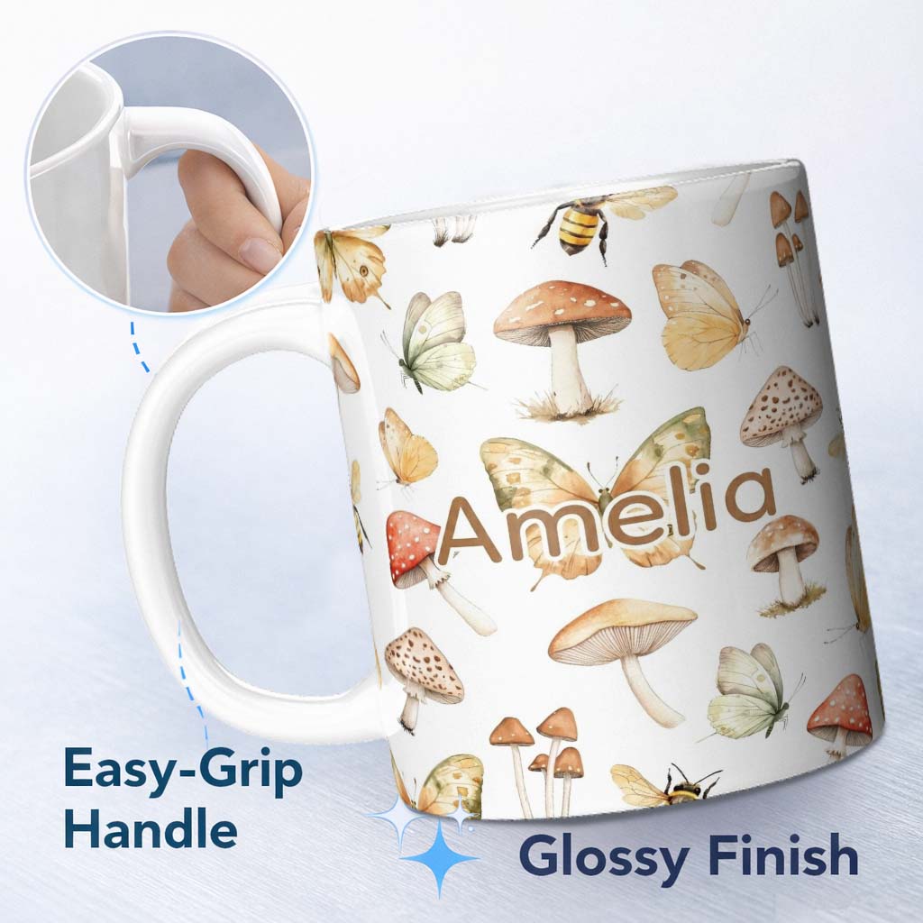 Personalized Custom Name Vintage Butterflies Bees Mushrooms Nature Seamless Pattern Light 11oz Ceramic Coffee Tea Mug White Large Handle