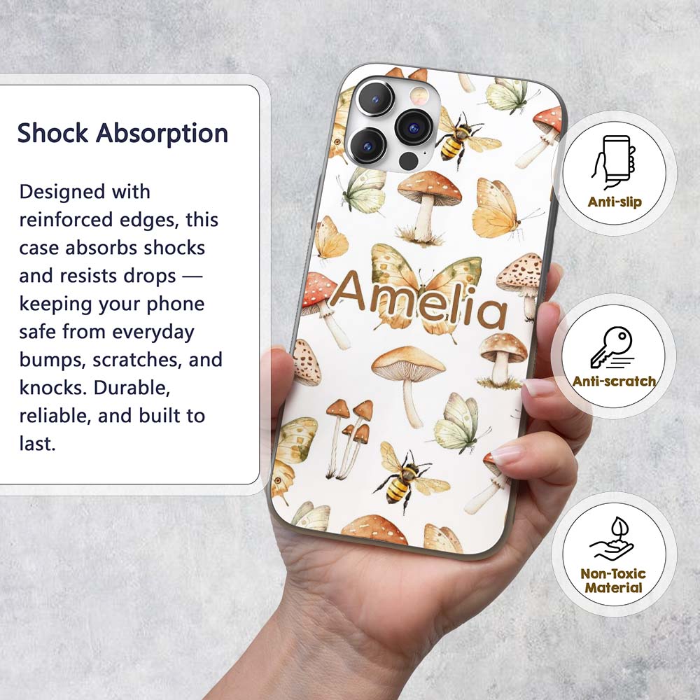 Vintage Butterflies Bees Mushrooms Printed Design Custom Name Protective Phone Case Mobile Cover Durable Everyday Smartphone Shock Resistant