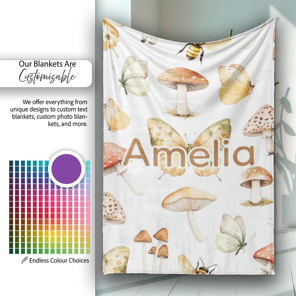 Vintage Butterflies Bees Mushrooms Nature Seamless Pattern Light Personalised Custom Name Super Soft Fleece Blanket Bed Sofa Throw