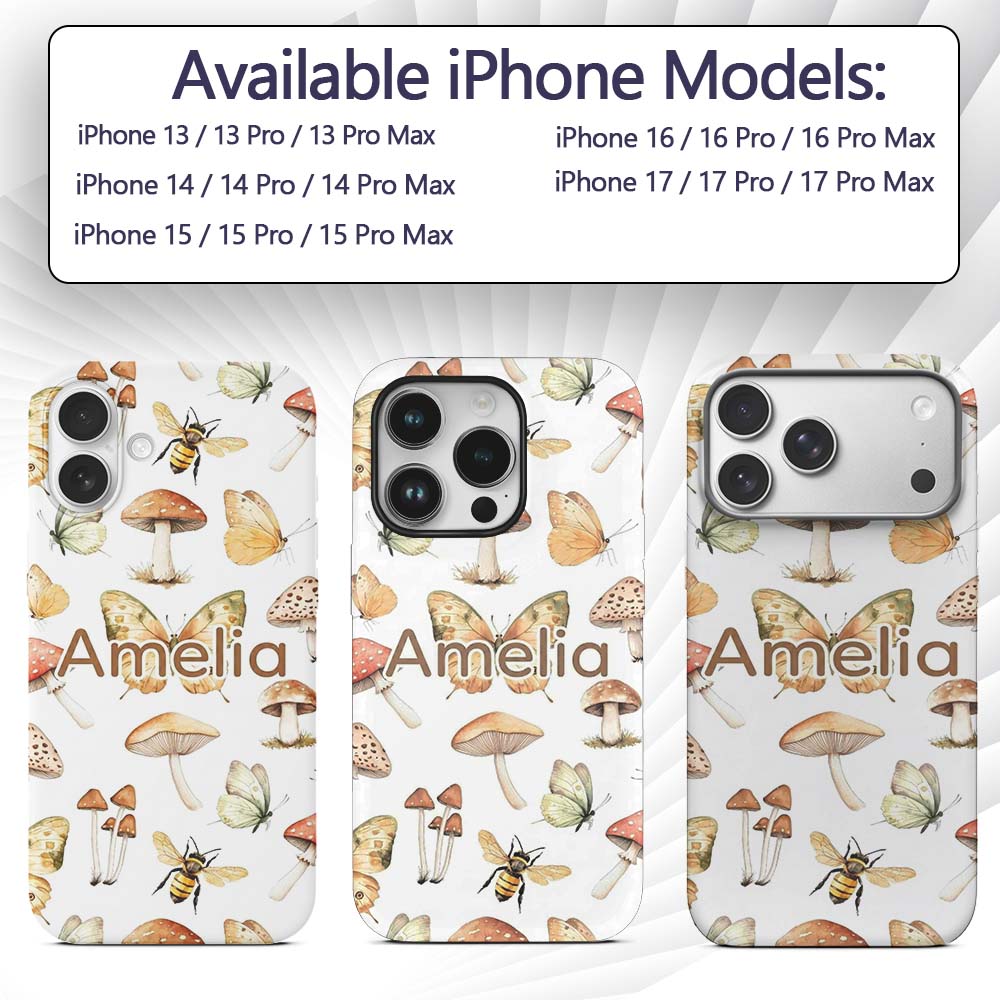Vintage Butterflies Bees Mushrooms Printed Design Custom Name Protective Phone Case Mobile Cover Durable Everyday Smartphone Shock Resistant