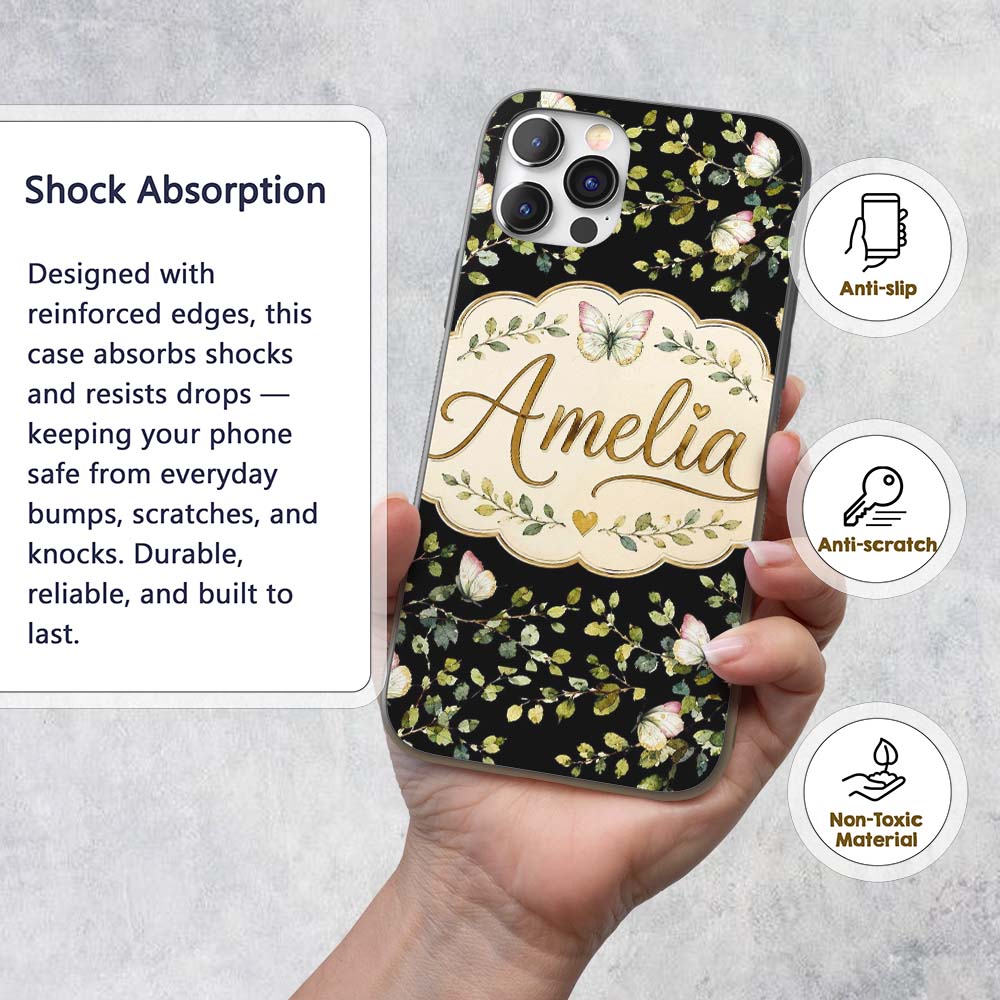 Watercolor Butterflies Green Leaves Branches Custom Name Protective Phone Case Mobile Cover Durable Everyday Smartphone Shock Resistant