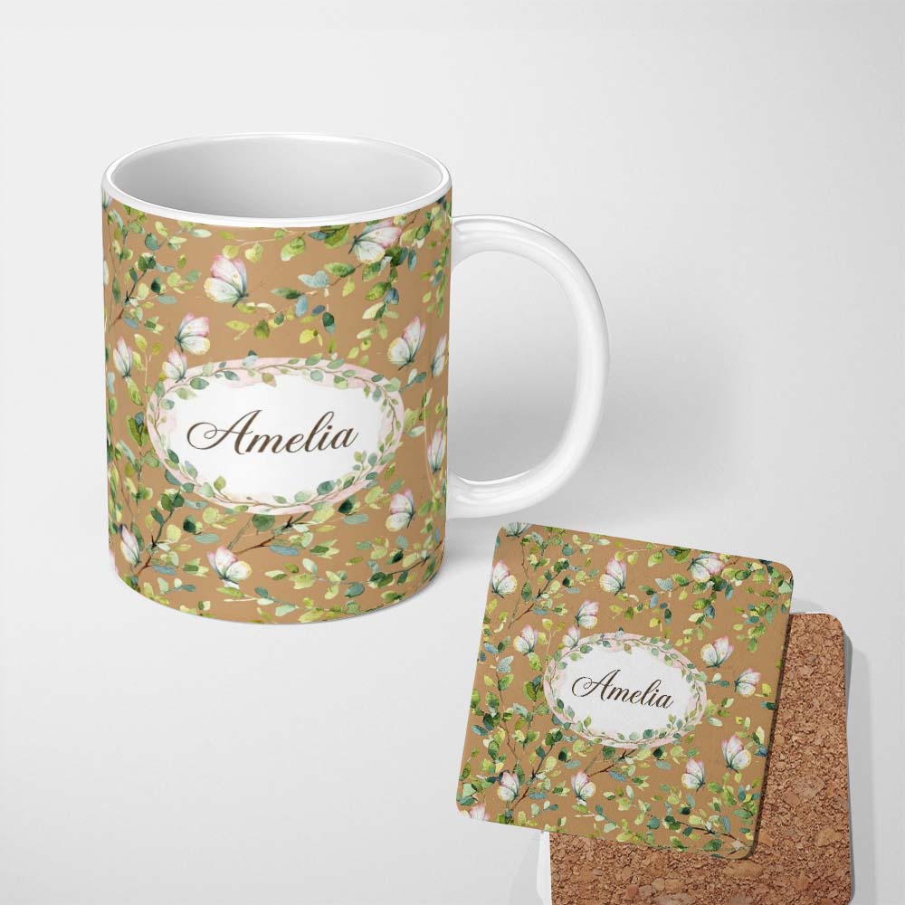 Personalized Custom Name Watercolor Butterflies Green Leaves Branches Seamless Pattern Warm 11oz Ceramic Coffee Tea Mug White Large Handle