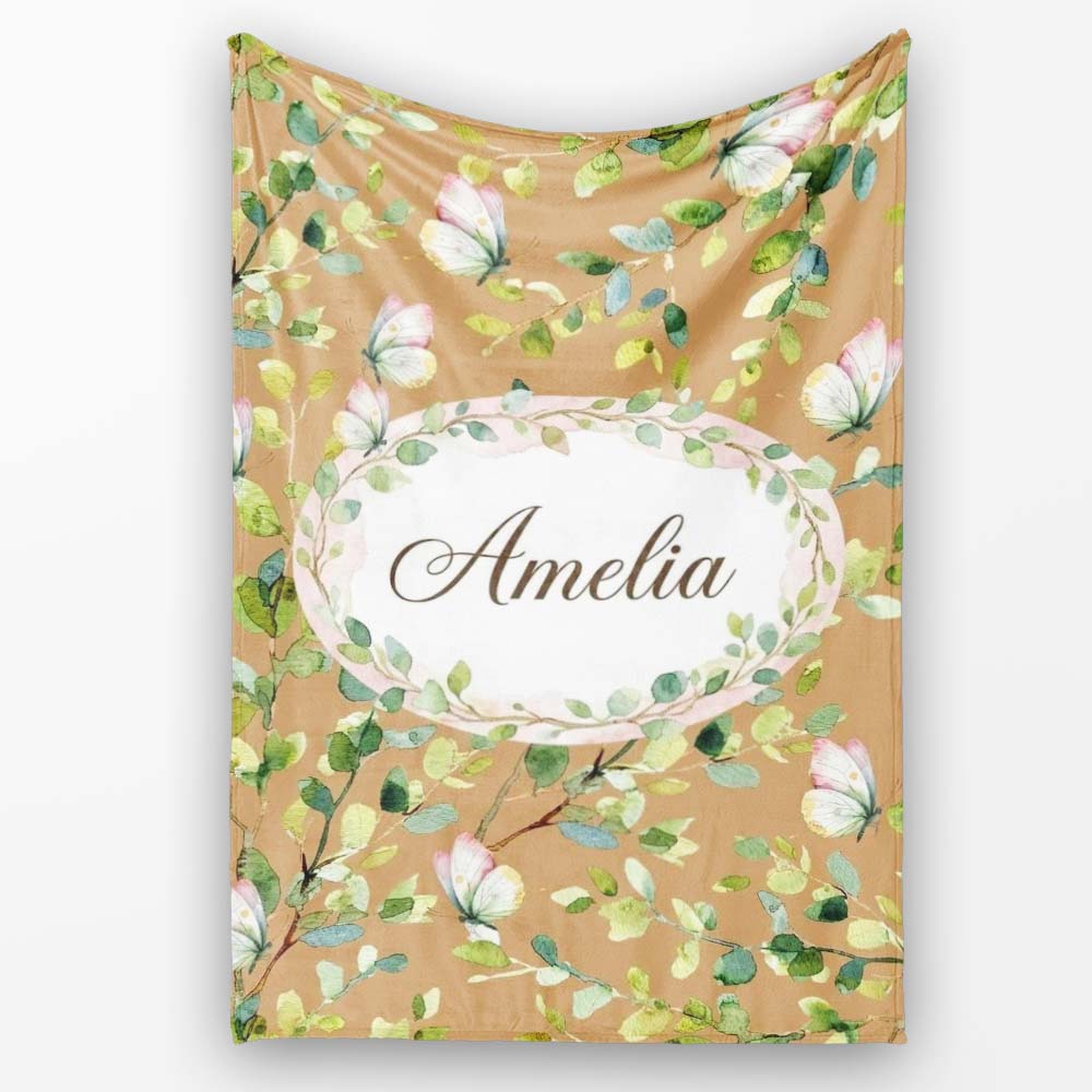 Watercolor Butterflies Green Leaves Branches Seamless Pattern Warm Personalised Custom Name Super Soft Fleece Blanket Bed Sofa Throw