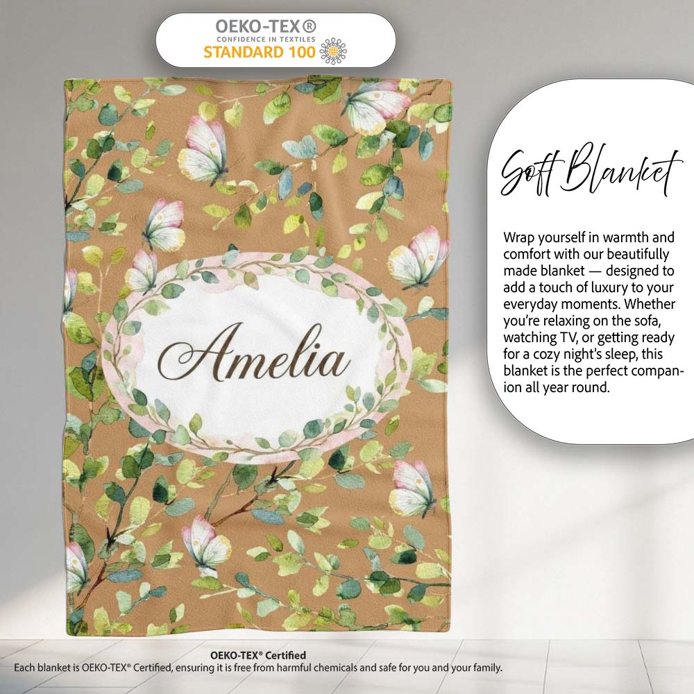 Watercolor Butterflies Green Leaves Branches Seamless Pattern Warm Personalised Custom Name Super Soft Fleece Blanket Bed Sofa Throw