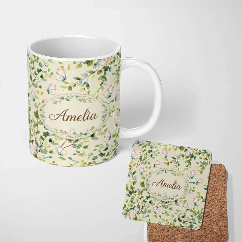 Personalized Custom Name Watercolor Butterflies Green Leaves Branches Seamless Pattern Soft 11oz Ceramic Coffee Tea Mug White Large Handle