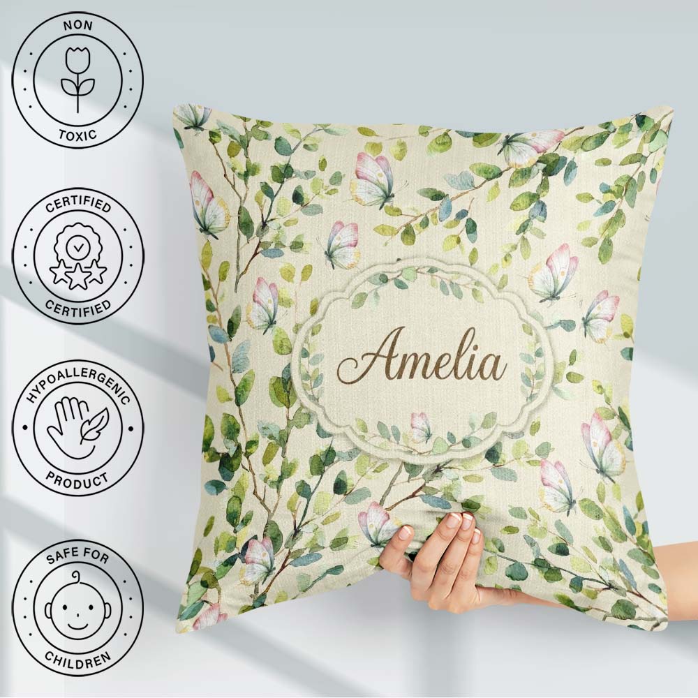 Custom Name Watercolor Butterflies Green Leaves Branches Pattern Square Filled Cushion Throw Pillow Sofa Bed Home Decor Zip Washable UK Made