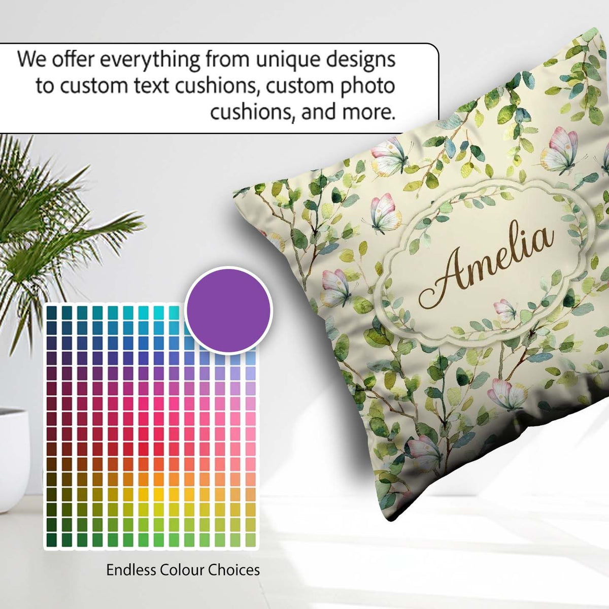 Custom Name Watercolor Butterflies Green Leaves Branches Pattern Square Filled Cushion Throw Pillow Sofa Bed Home Decor Zip Washable UK Made