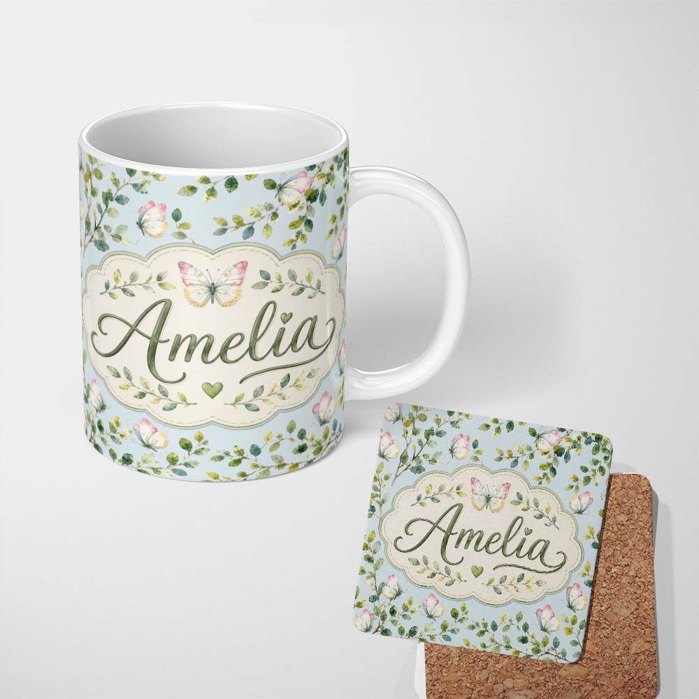 Personalized Custom Name Watercolor Butterflies Green Leaves Branches Seamless Pattern Light 11oz Ceramic Coffee Tea Mug White Large Handle