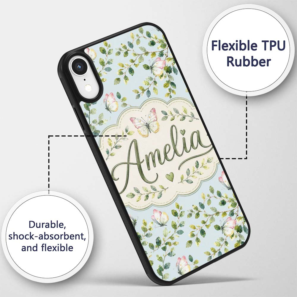 Watercolor Butterflies Green Leaves Branches Custom Name Protective Phone Case Mobile Cover Durable Everyday Smartphone Shock Resistant