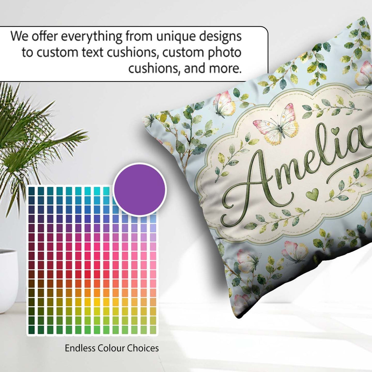 Custom Name Watercolor Butterflies Green Leaves Branches Pattern Square Filled Cushion Throw Pillow Sofa Bed Home Decor Zip Washable UK Made