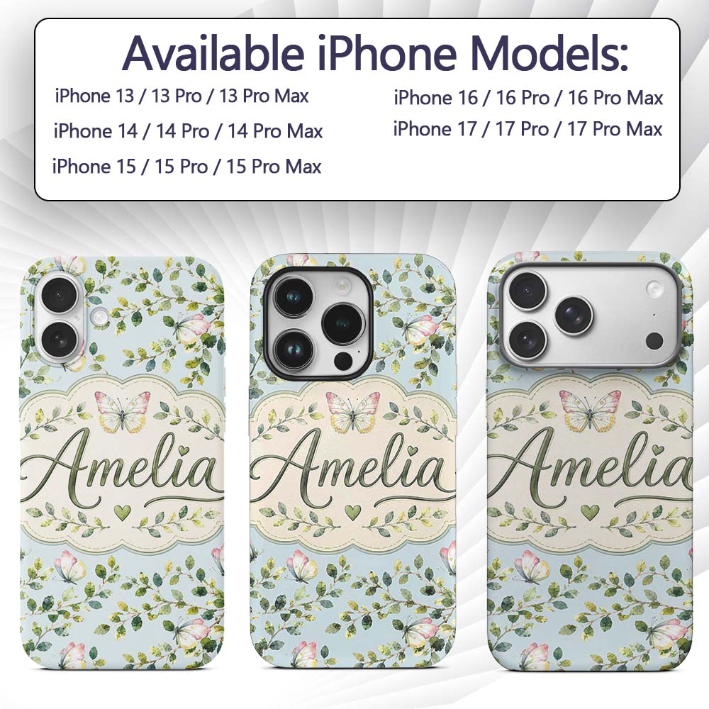Watercolor Butterflies Green Leaves Branches Custom Name Protective Phone Case Mobile Cover Durable Everyday Smartphone Shock Resistant