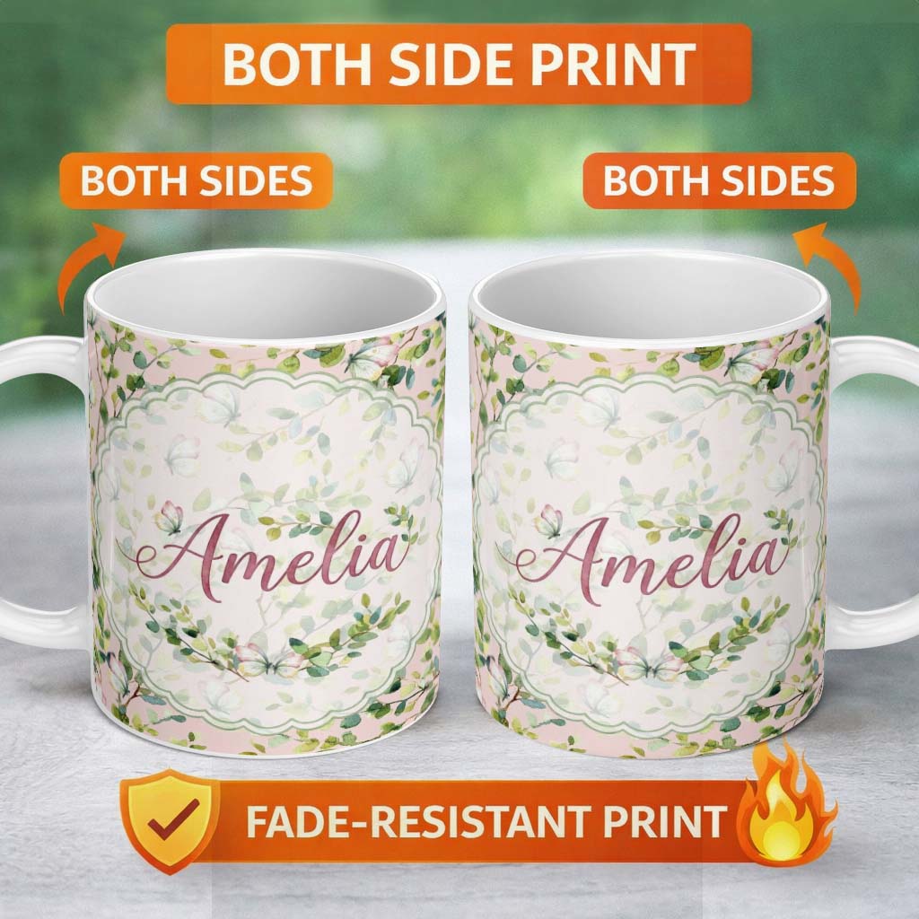Personalized Custom Name Watercolor Butterflies Green Leaves Branches Seamless Pattern Blush 11oz Ceramic Coffee Tea Mug White Large Handle