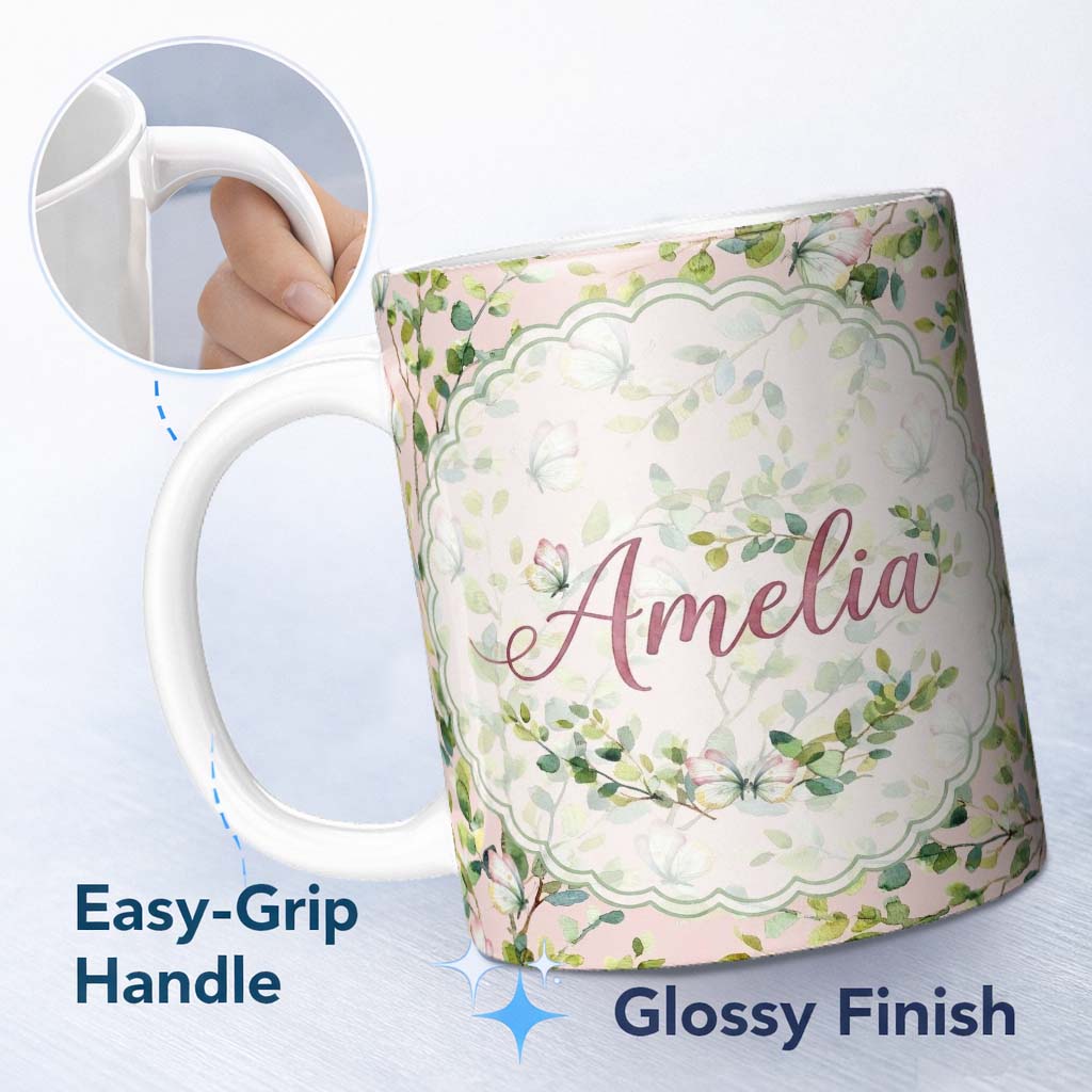 Personalized Custom Name Watercolor Butterflies Green Leaves Branches Seamless Pattern Blush 11oz Ceramic Coffee Tea Mug White Large Handle