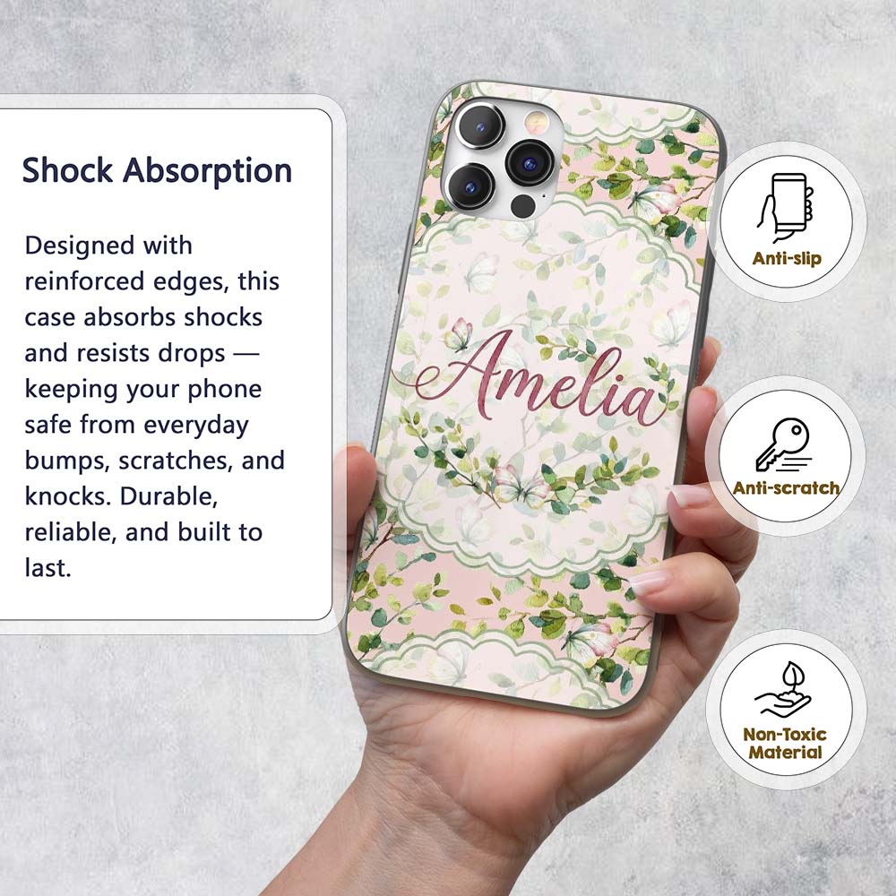 Watercolor Butterflies Green Leaves Branches Custom Name Protective Phone Case Mobile Cover Durable Everyday Smartphone Shock Resistant