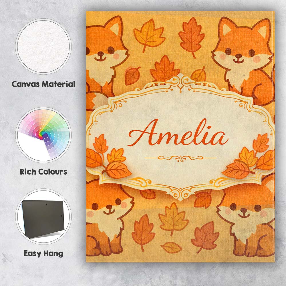 Personalised Name Cute Autumn Fox Cartoon Animal Pattern Stylish Custom Interior Canvas Wall Art Print Decor Picture Ready to Hang