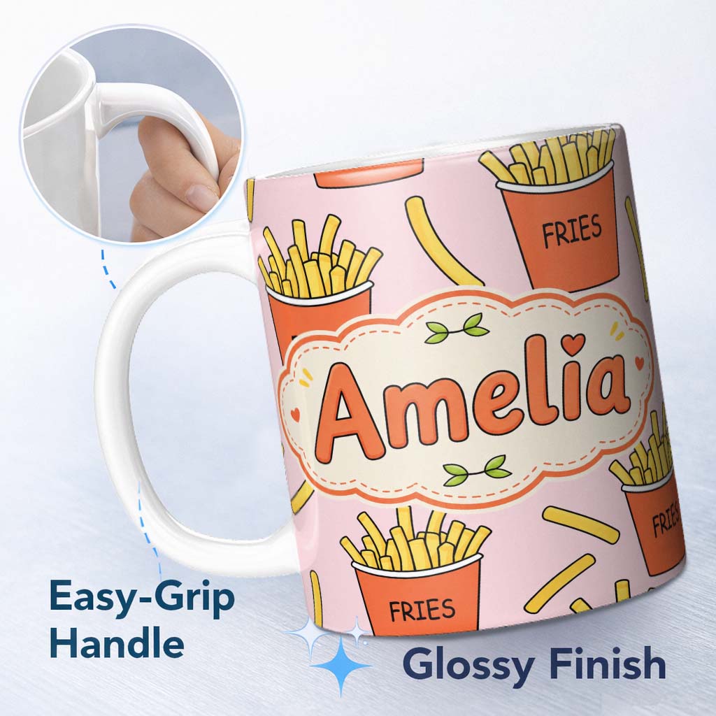Personalized Custom Name Cute French Fries Cartoon Snack Food Blush Pink Background Seamless 11oz Ceramic Coffee Tea Mug White Large Handle