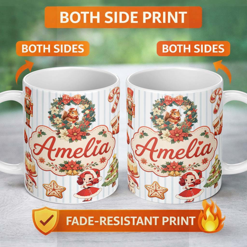 Personalized Custom Name Christmas Nutcracker Squirrel Cake Candy Cane Girl Tree lue Stripe 11oz Ceramic Coffee Tea Mug White Large Handle