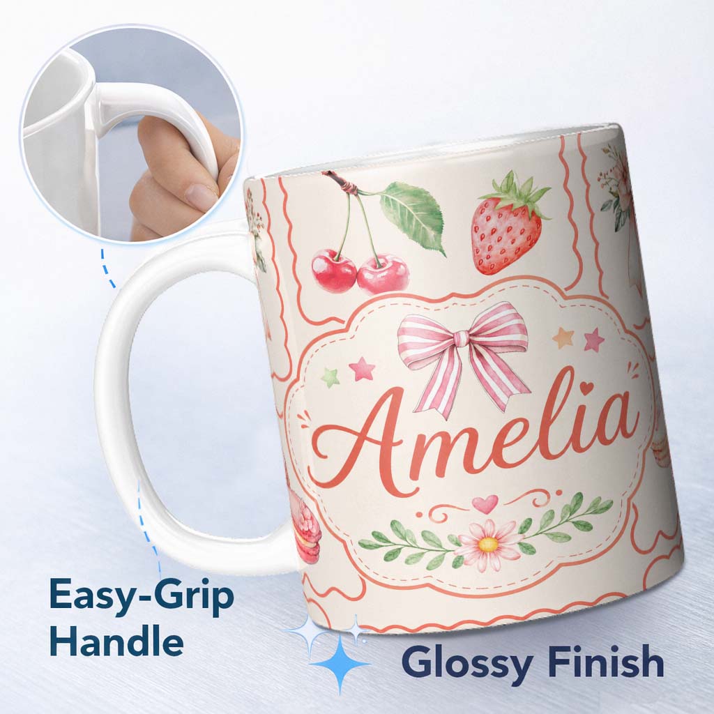Personalized Custom Name Cute Watercolor Cherry Strawberry Bow Macaron Dessert Frame Cream 11oz Ceramic Coffee Tea Mug White Large Handle