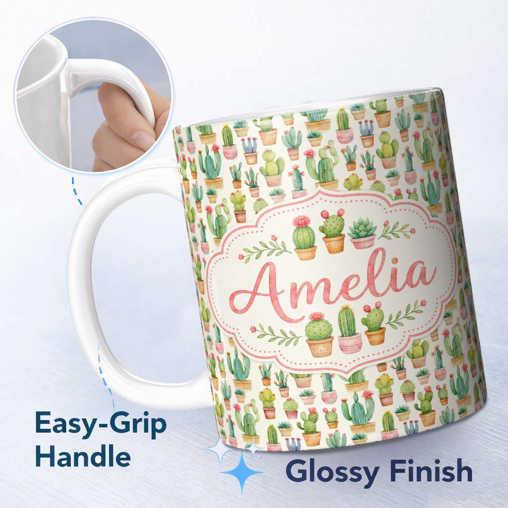 Personalized Custom Name Charming Pastel Potted Cactus Succulent Garden Seamless Pattern 11oz Ceramic Coffee Tea Mug White Large Handle
