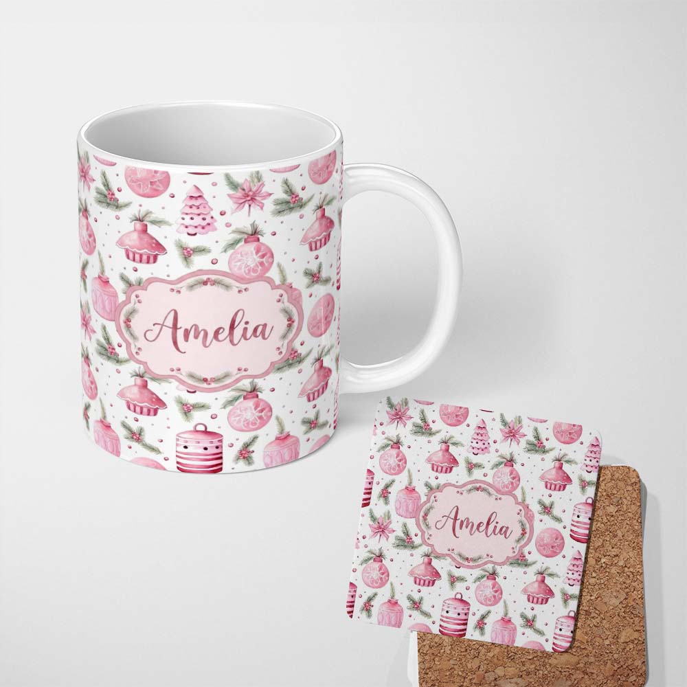 Personalized Custom Name Watercolor Pink Christmas Ornaments Pine Berries Seamless Pattern 11oz Ceramic Coffee Tea Mug White Large Handle