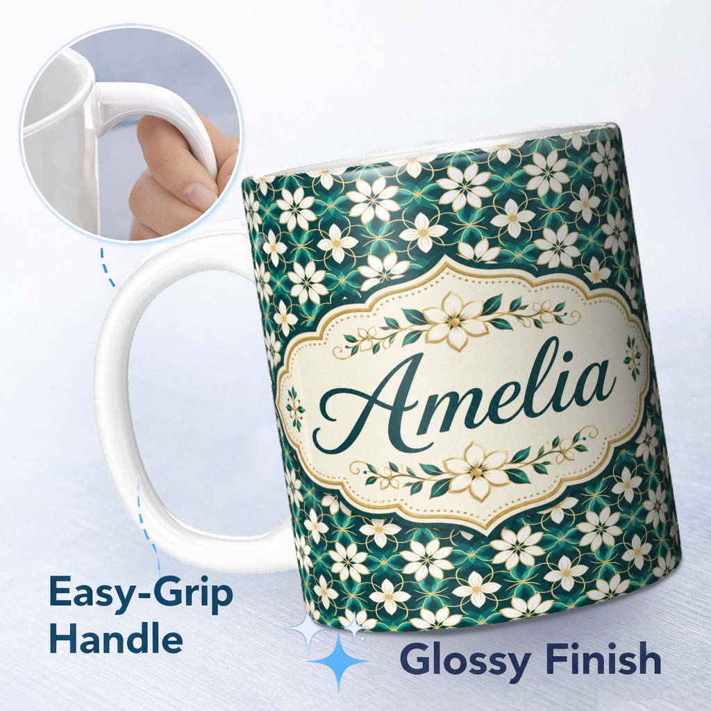 Personalized Custom Name Elegant White Floral Lattice on Teal Geometric Background Seamless 11oz Ceramic Coffee Tea Mug White Large Handle