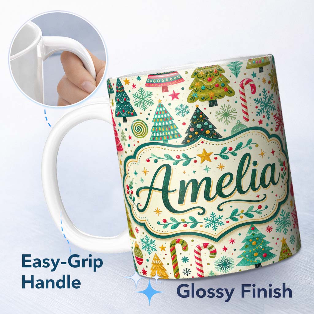 Personalized Custom Name Festive Christmas Trees Candy Canes Snowflakes Stars Baubles Holiday 11oz Ceramic Coffee Tea Mug White Large Handle