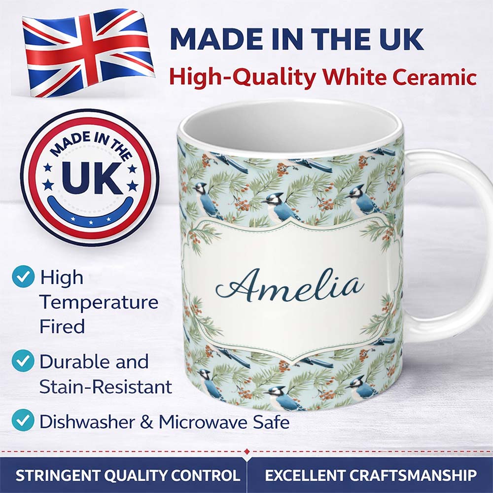 Personalized Custom Name Blue Jay Bird Watercolor Branch Artistic Nature Background Design 11oz Ceramic Coffee Tea Mug White Large Handle