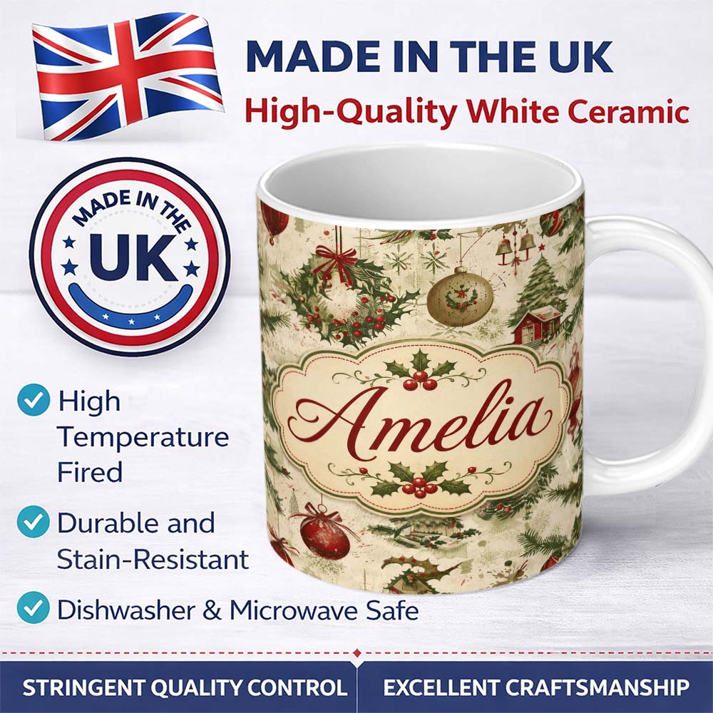 Personalized Custom Name Vintage Christmas Wreaths Bells Baubles Seamless Pattern Festive 11oz Ceramic Coffee Tea Mug White Large Handle