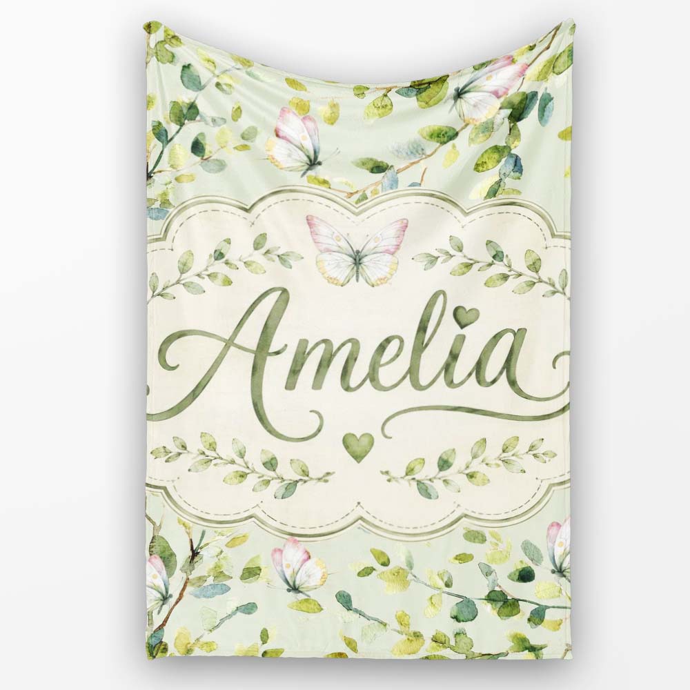 Watercolor Butterflies Green Leaves Branches Seamless Pattern Soft Personalised Custom Name Super Soft Fleece Blanket Bed Sofa Throw