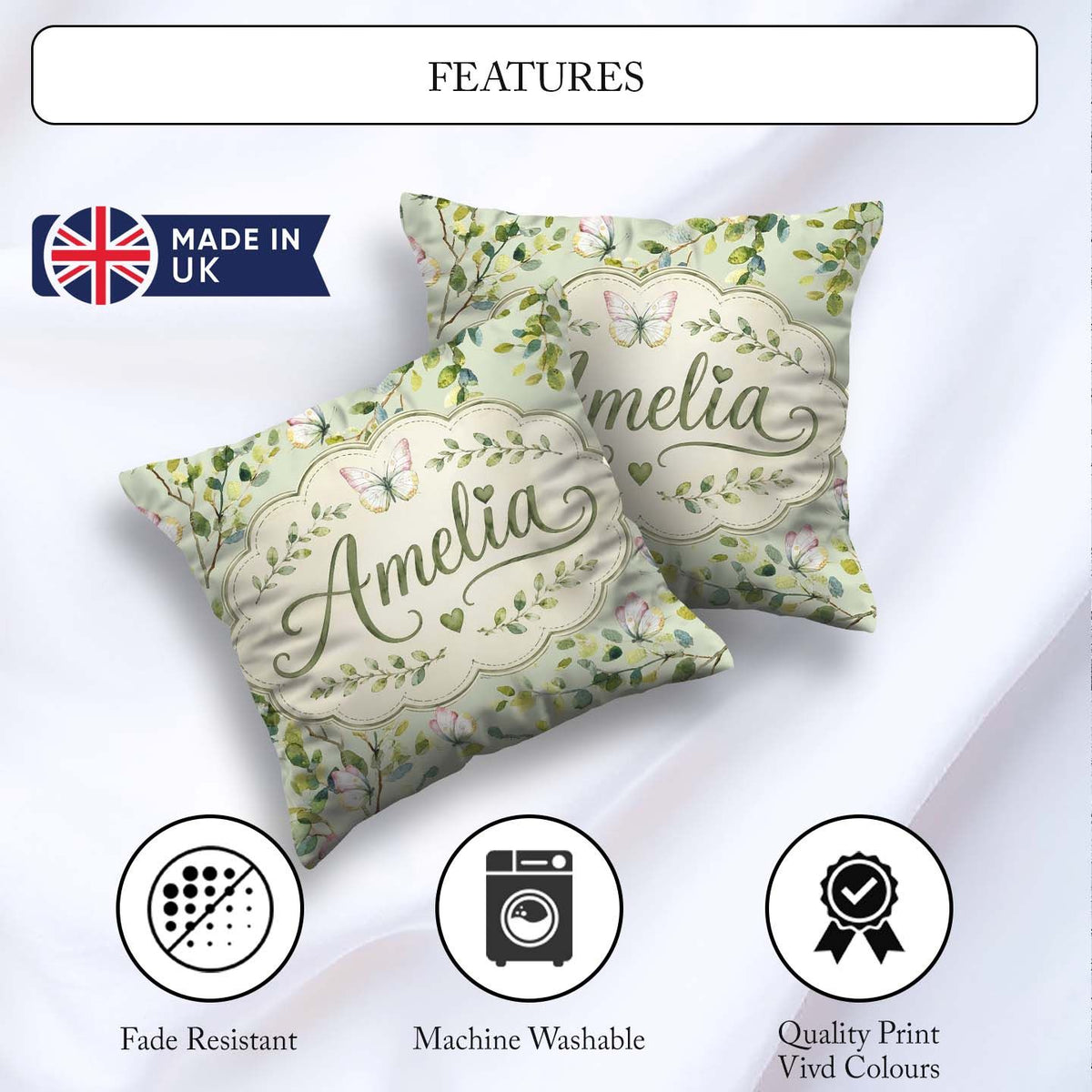 Custom Name Watercolor Butterflies Green Leaves Branches Pattern Square Filled Cushion Throw Pillow Sofa Bed Home Decor Zip Washable UK Made