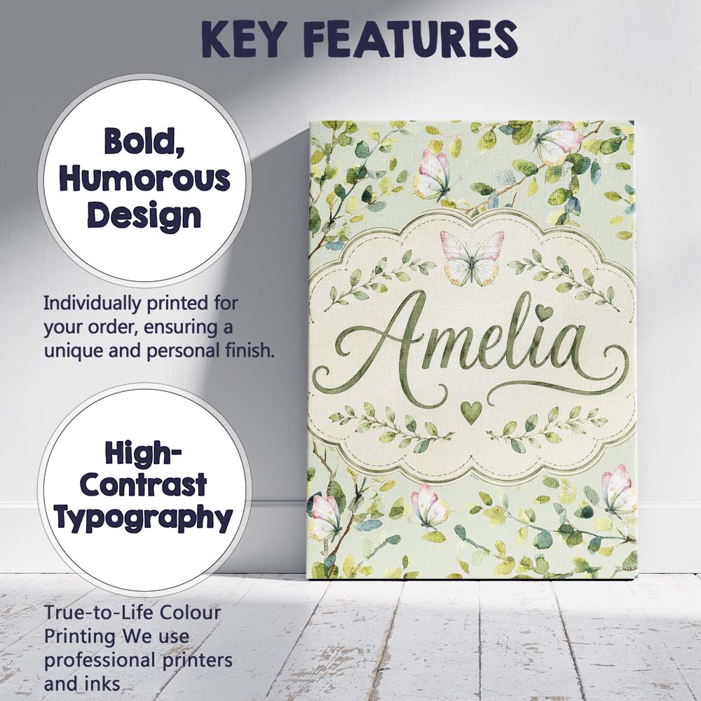 Personalised Name Watercolor Butterflies Custom Unique Gift Idea Elegant Feature Canvas Wall Art Print Decor Picture Ready to Hang