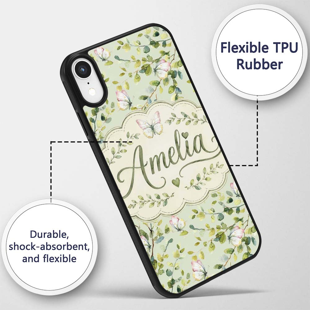 Watercolor Butterflies Green Leaves Branches Custom Name Protective Phone Case Mobile Cover Durable Everyday Smartphone Shock Resistant