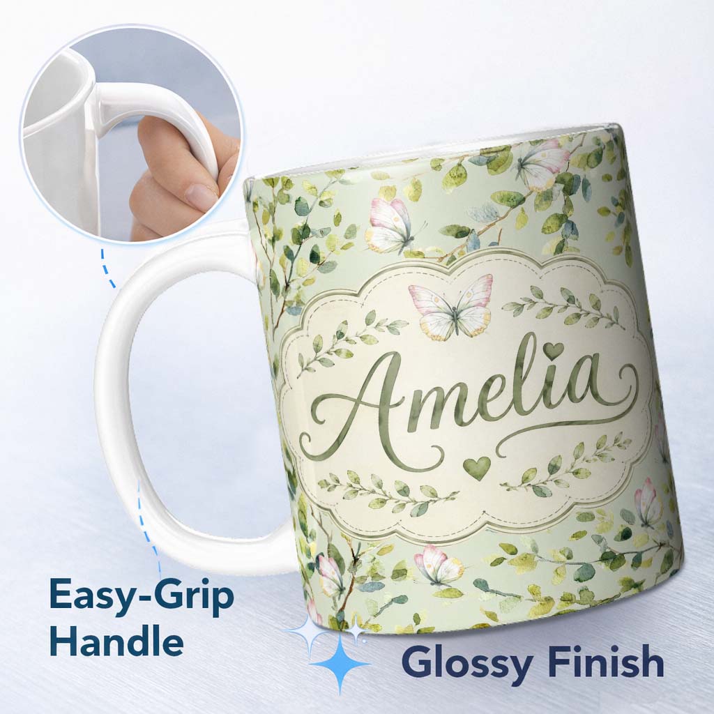 Personalized Custom Name Watercolor Butterflies Green Leaves Branches Seamless Pattern Soft 11oz Ceramic Coffee Tea Mug White Large Handle