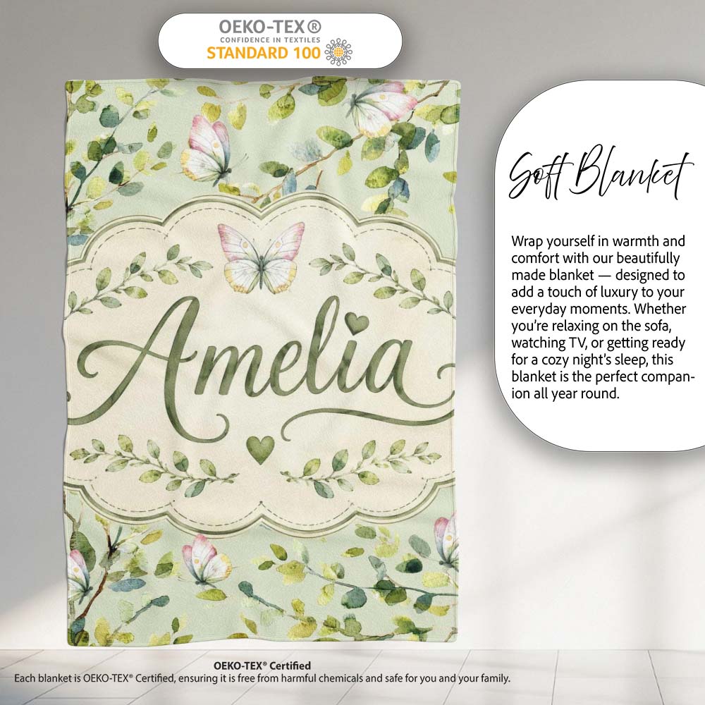 Watercolor Butterflies Green Leaves Branches Seamless Pattern Soft Personalised Custom Name Super Soft Fleece Blanket Bed Sofa Throw