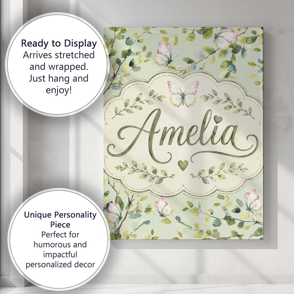 Personalised Name Watercolor Butterflies Custom Unique Gift Idea Elegant Feature Canvas Wall Art Print Decor Picture Ready to Hang