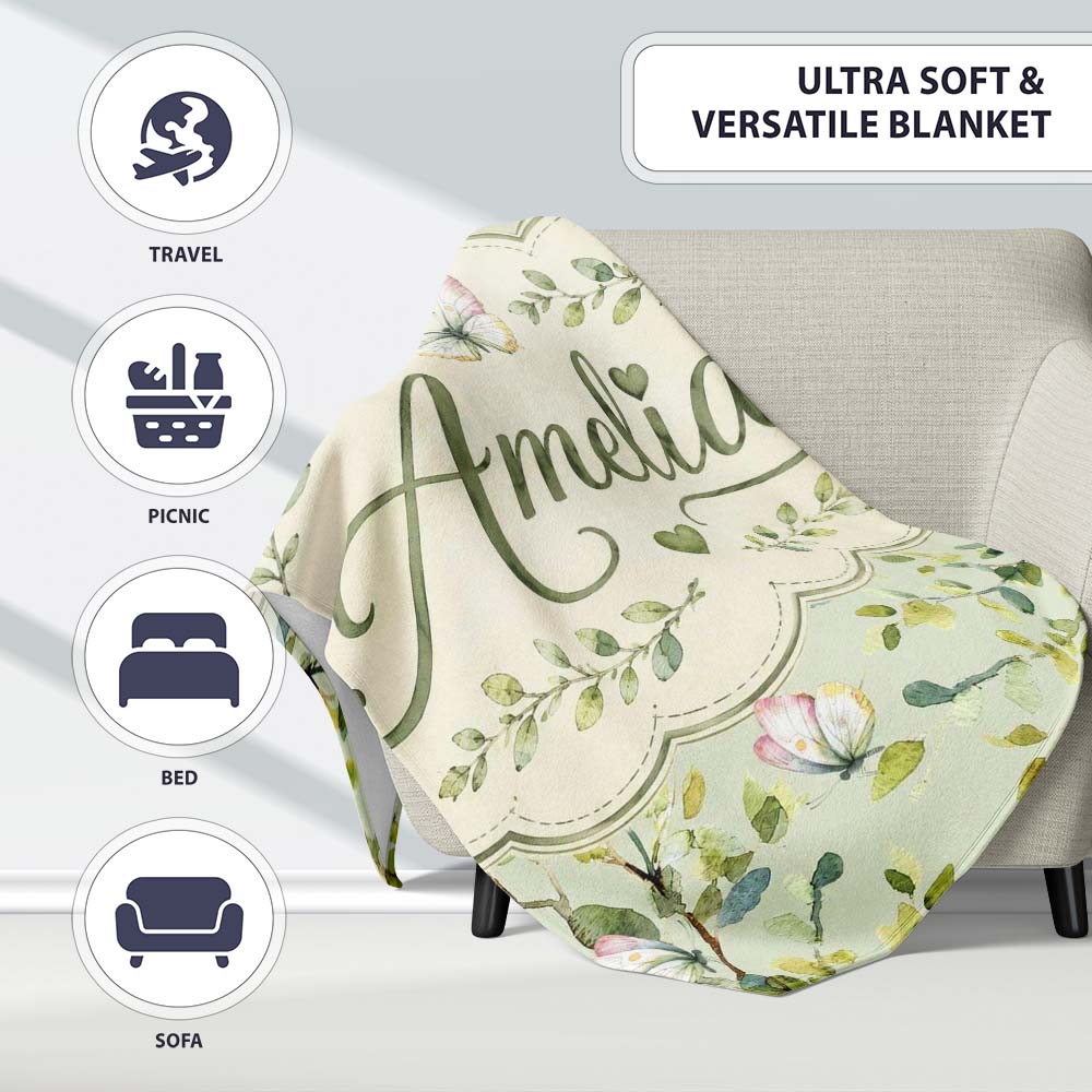 Watercolor Butterflies Green Leaves Branches Seamless Pattern Soft Personalised Custom Name Super Soft Fleece Blanket Bed Sofa Throw