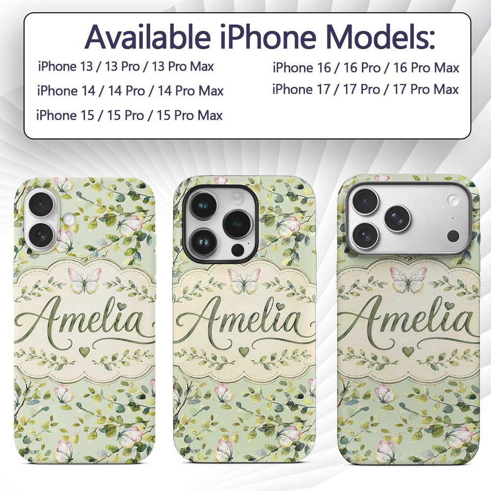 Watercolor Butterflies Green Leaves Branches Custom Name Protective Phone Case Mobile Cover Durable Everyday Smartphone Shock Resistant