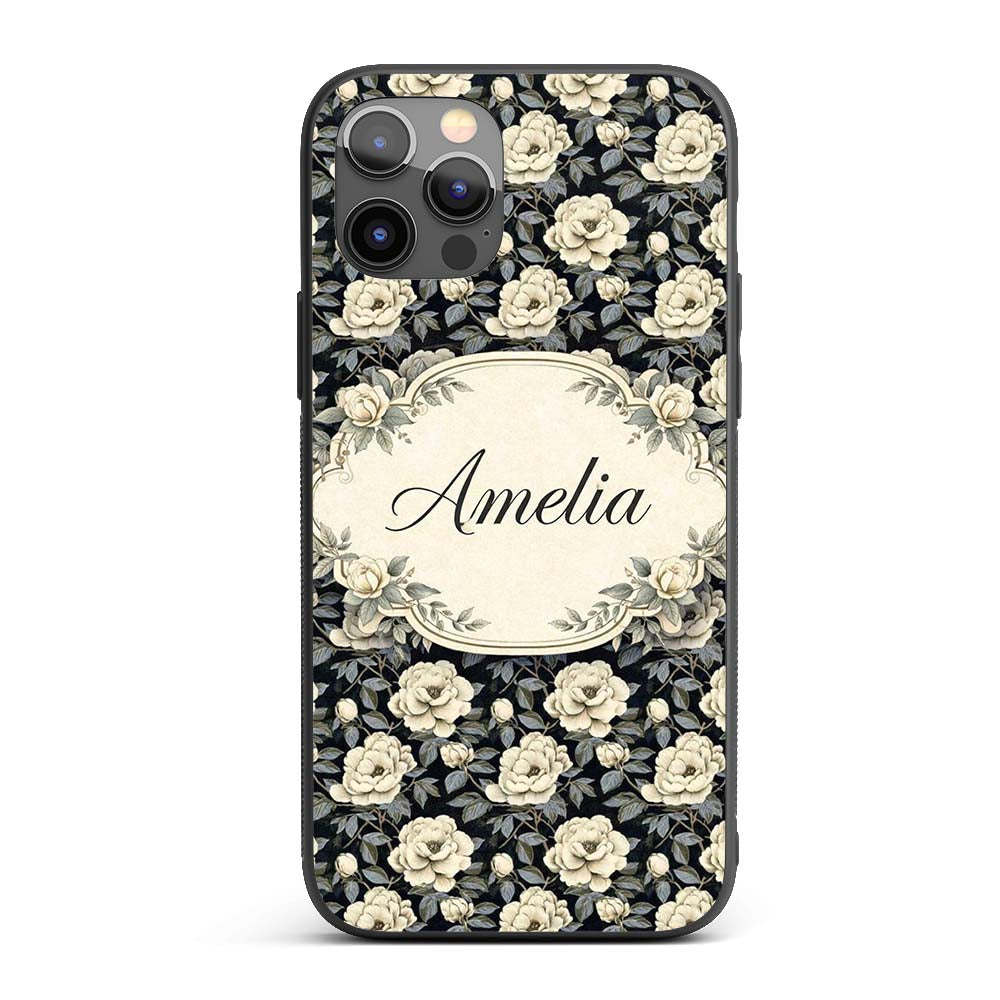 Vintage Cream Rose Botanical Dark Background Custom Name Protective Phone Case Mobile Cover Durable Everyday Smartphone Shock Resistant