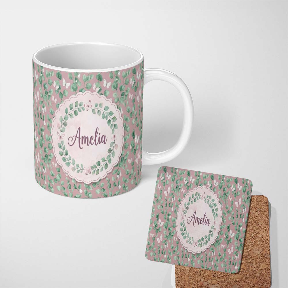 Personalized Custom Name Watercolor Butterflies Green Leaves Branches Seamless Pattern Light 11oz Ceramic Coffee Tea Mug White Large Handle