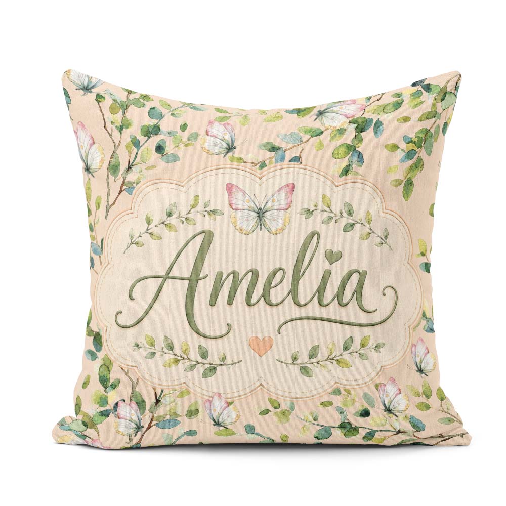 Custom Name Watercolor Butterflies Green Leaves Branches Pattern Square Filled Cushion Throw Pillow Sofa Bed Home Decor Zip Washable UK Made