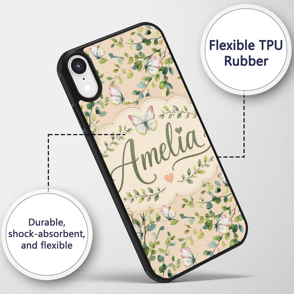 Watercolor Butterflies Green Leaves Branches Custom Name Protective Phone Case Mobile Cover Durable Everyday Smartphone Shock Resistant