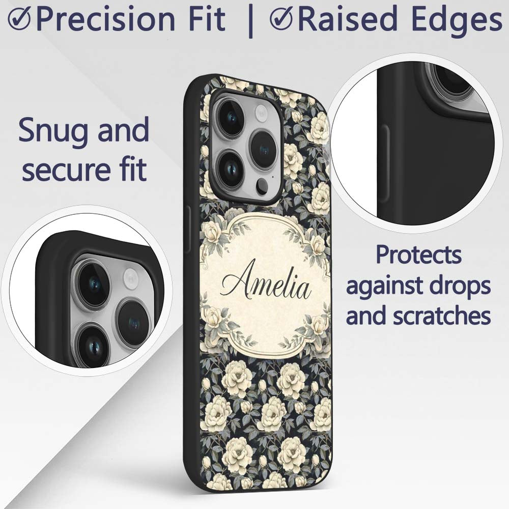 Vintage Cream Rose Botanical Dark Background Custom Name Protective Phone Case Mobile Cover Durable Everyday Smartphone Shock Resistant